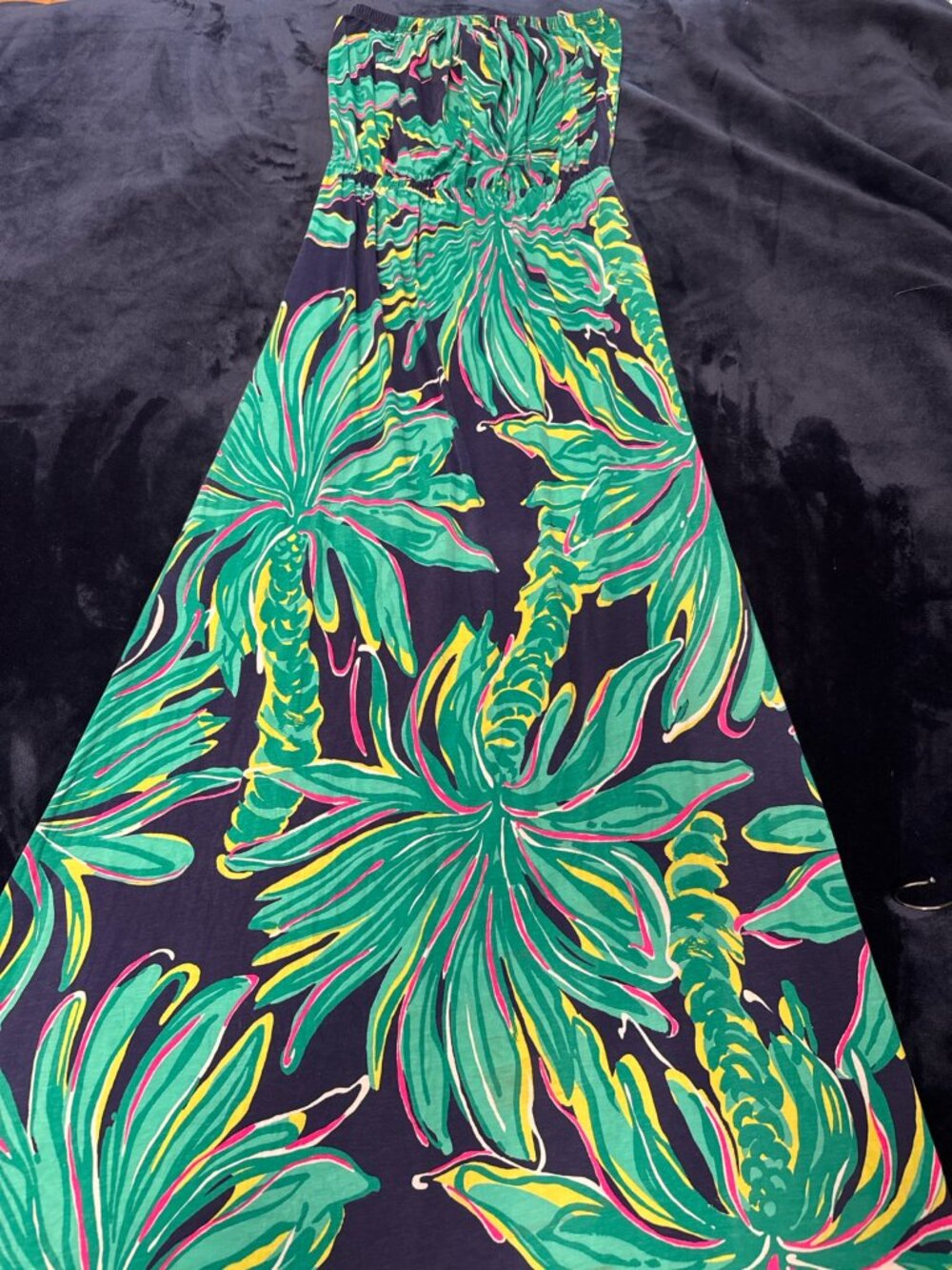 Lilly Pulitzer Strapless Maxi Dress XS Tropical Palm Print Navy Green Pink EUC